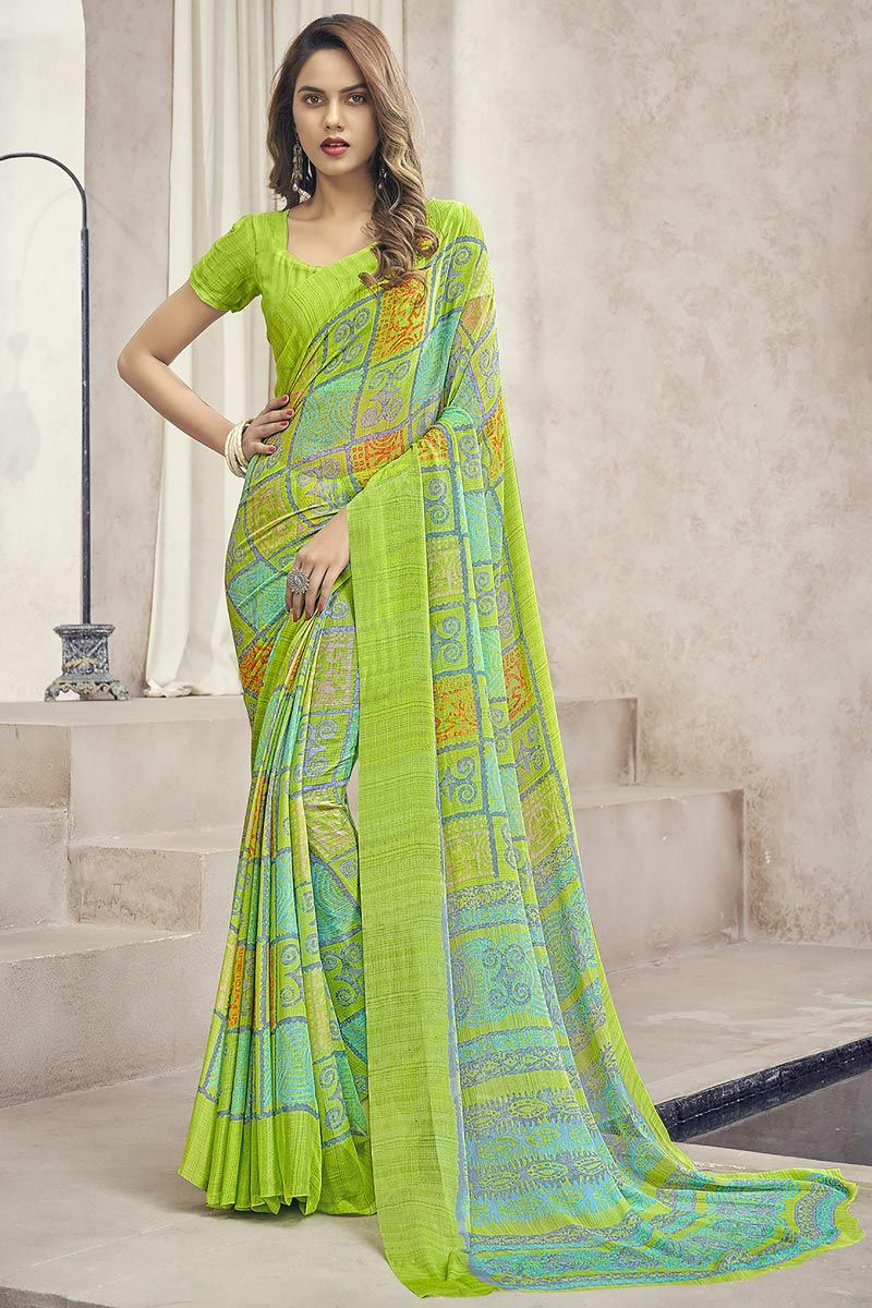 Green Color Chiffon Fabric Awesome Casual Look Printed Saree