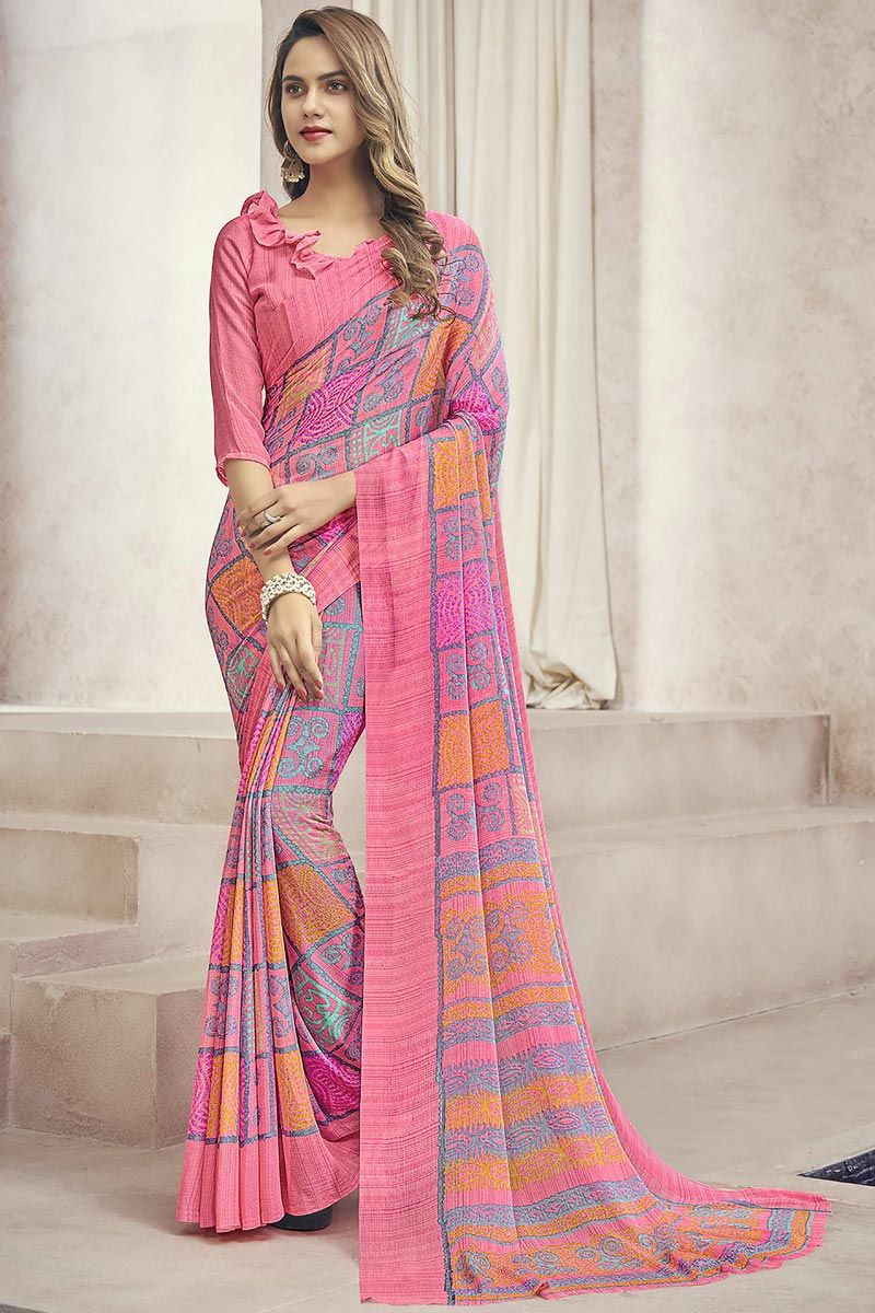 Stunning Casual Look Printed Chiffon Fabric Saree In Pink Color