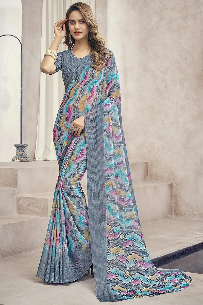 Chiffon Fabric Grey Color Ingenious Casual Look Printed Saree