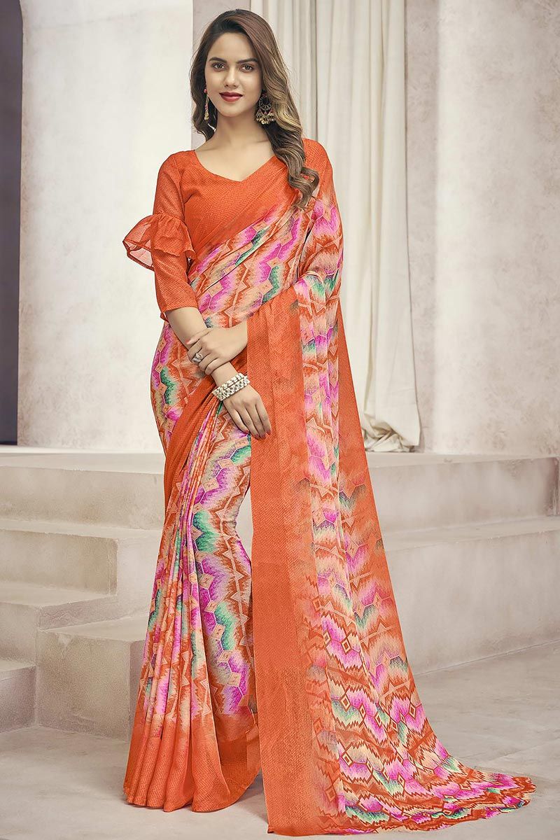 Peach Color Chiffon Fabric Amazing Casual Look Printed Saree