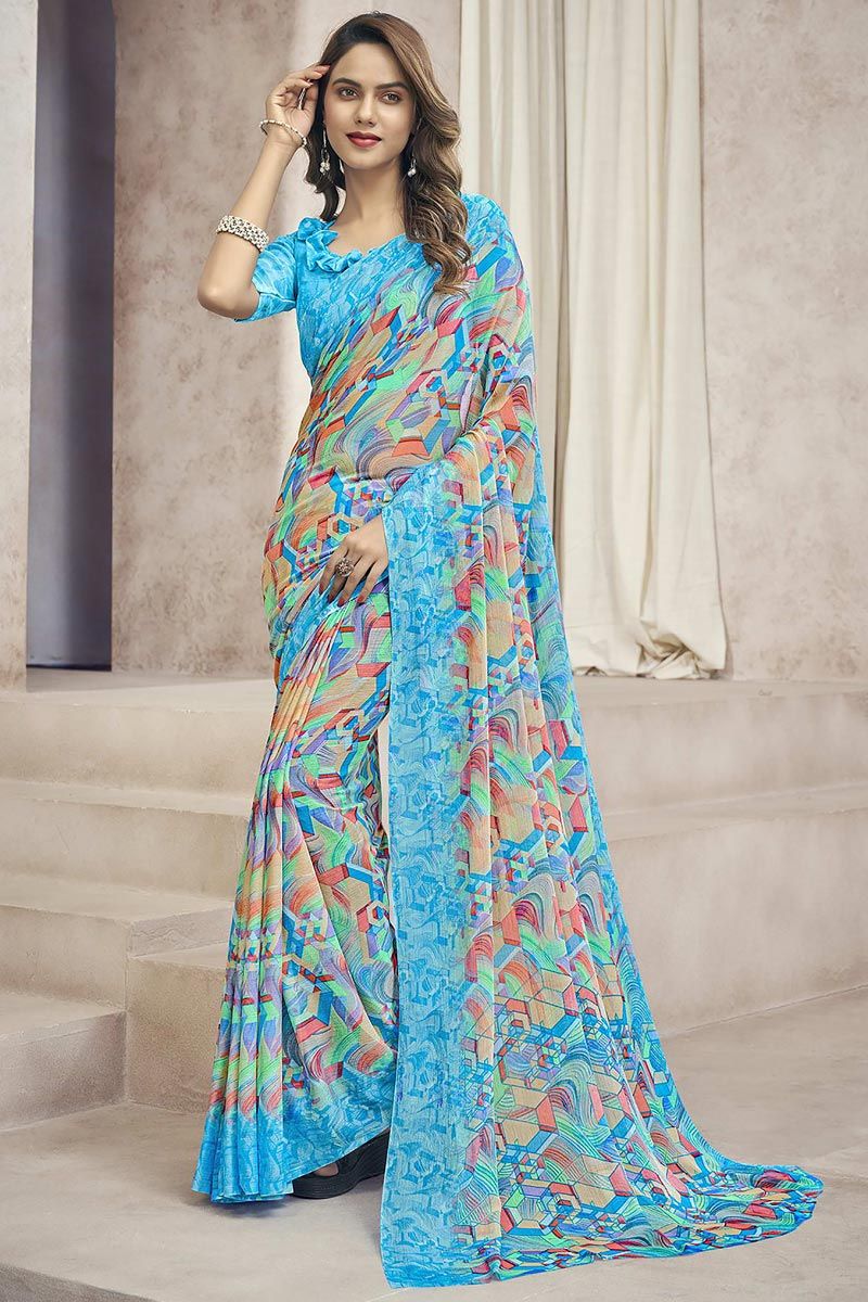 Chiffon Fabric Cyan Color Enticing Casual Look Printed Saree