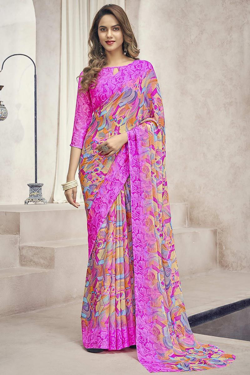 Chiffon Fabric Magenta Color Delicate Casual Look Printed Saree