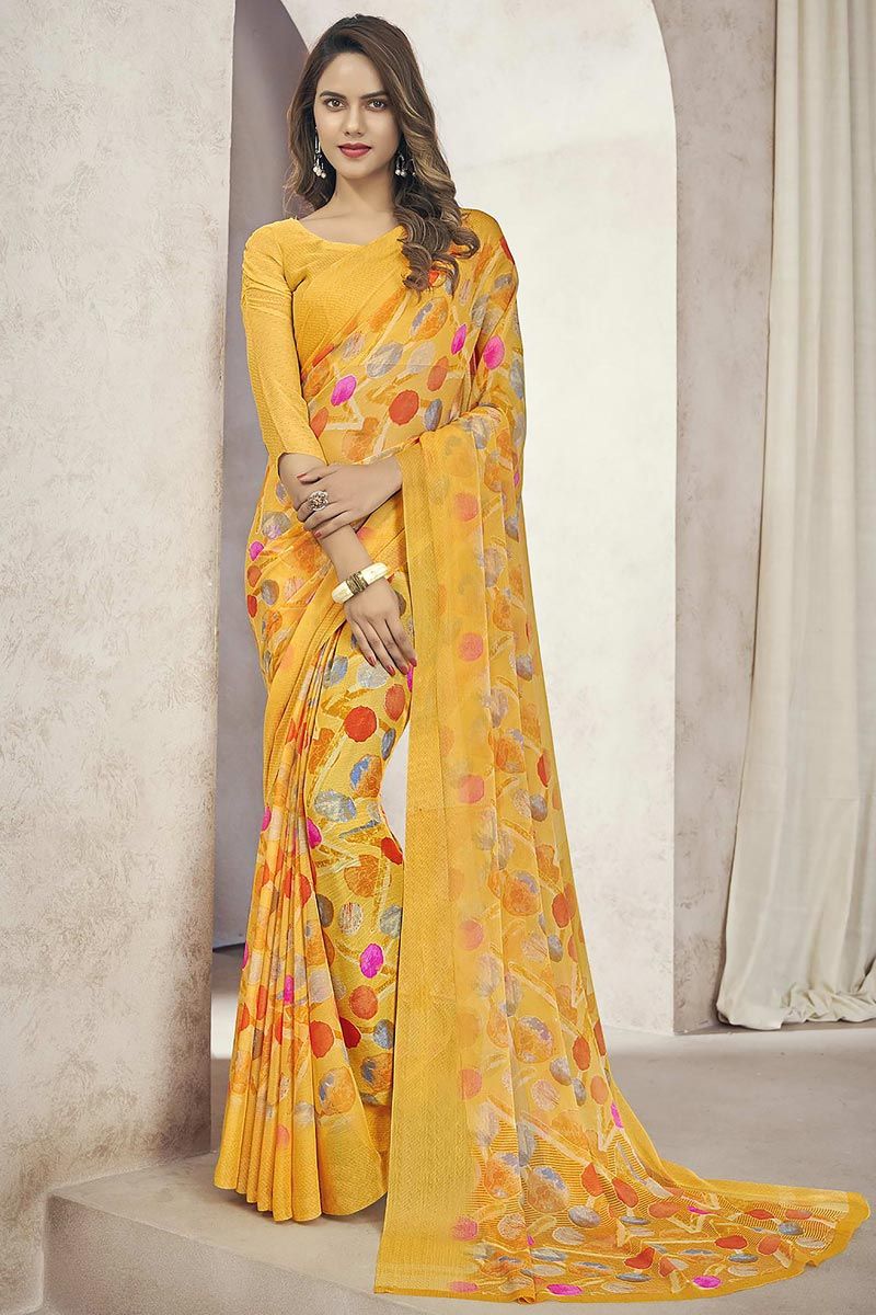 Yellow Color Chiffon Fabric Chic Casual Look Printed Saree