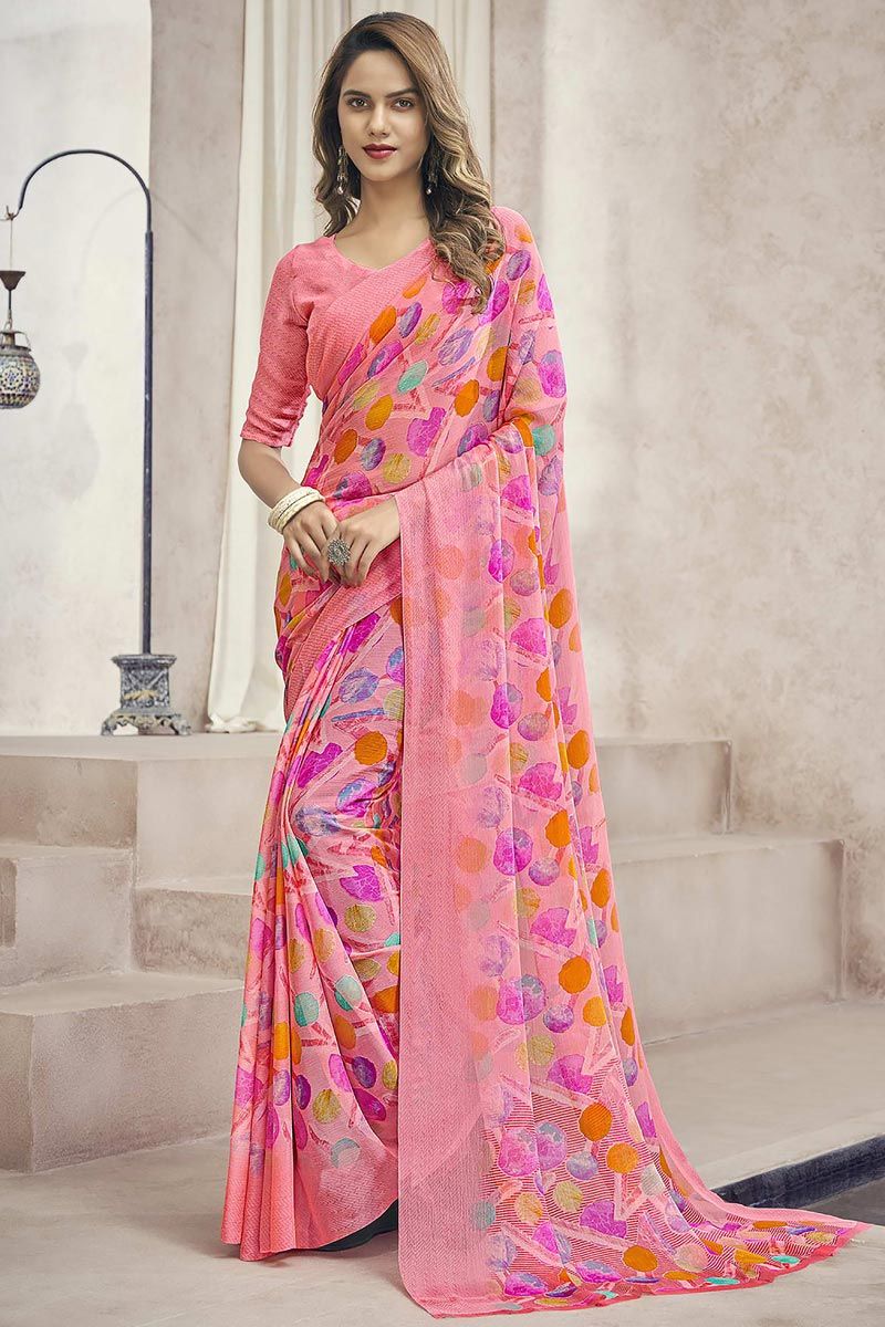 Chiffon Fabric Brilliant Casual Look Printed Saree In Peach Color