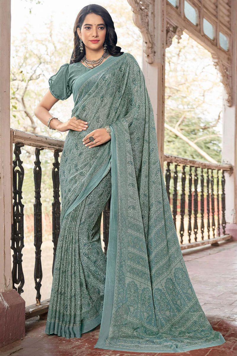 Printed Sea Green Color Chiffon Fabric Daily Wear Saree