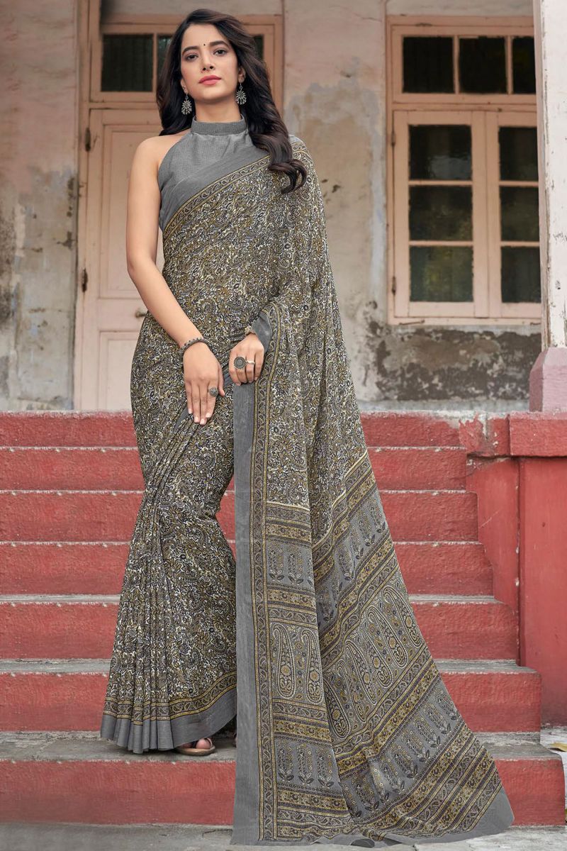 Grey Color Chiffon Fabric Printed Casual Saree