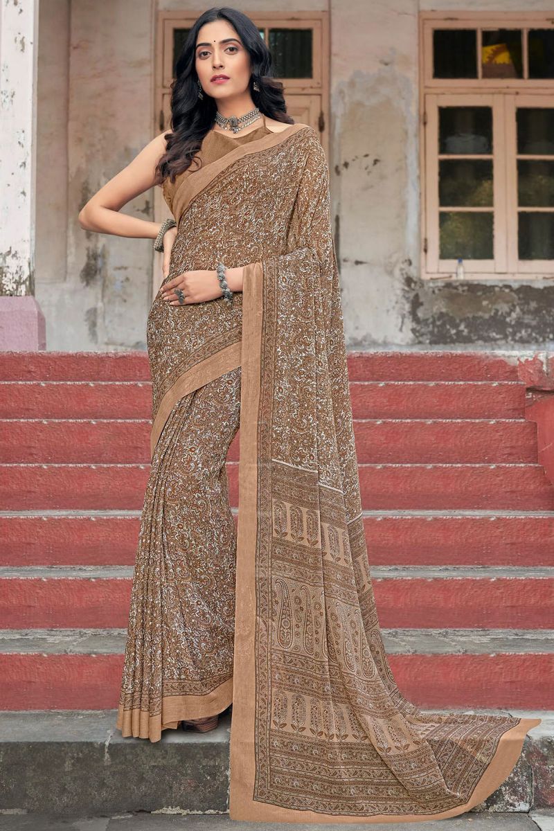 Casual Brown Color Classic Chiffon Fabric Printed Saree