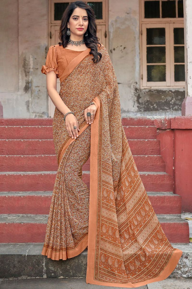 Peach Color Printed Chiffon Fabric Daily Wear Saree