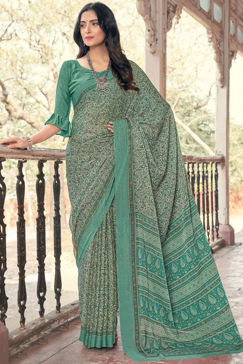 Printed Chiffon Fabric Daily Wear Sea Green Color Saree