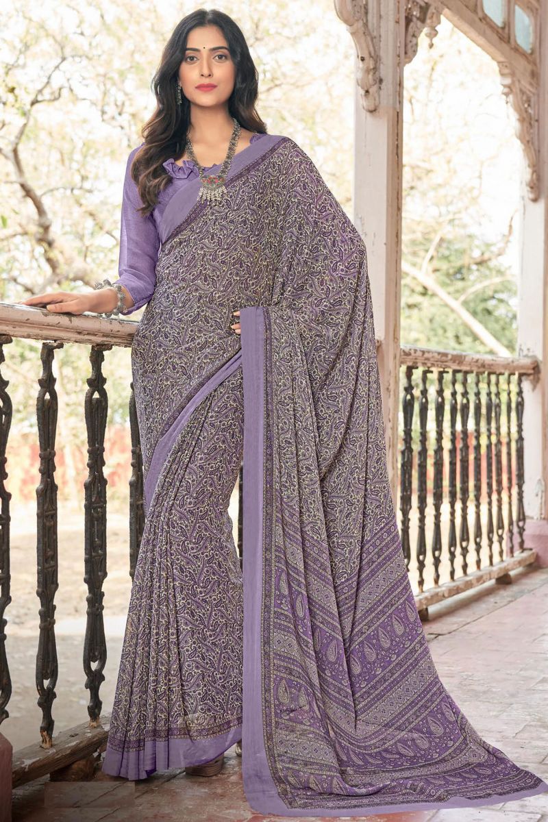 Chiffon Fabric Casual Lavender Color Printed Saree