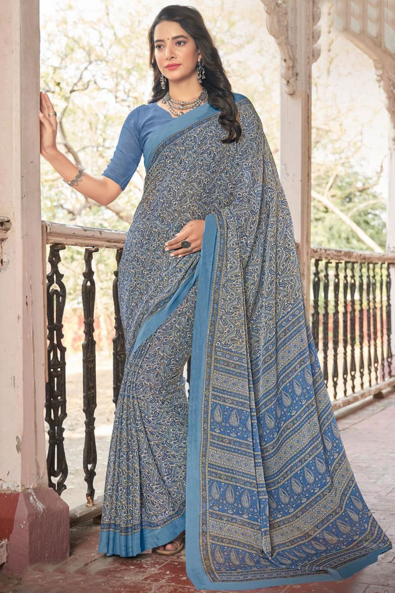 Blue Color Daily Wear Printed Saree In Chiffon Fabric