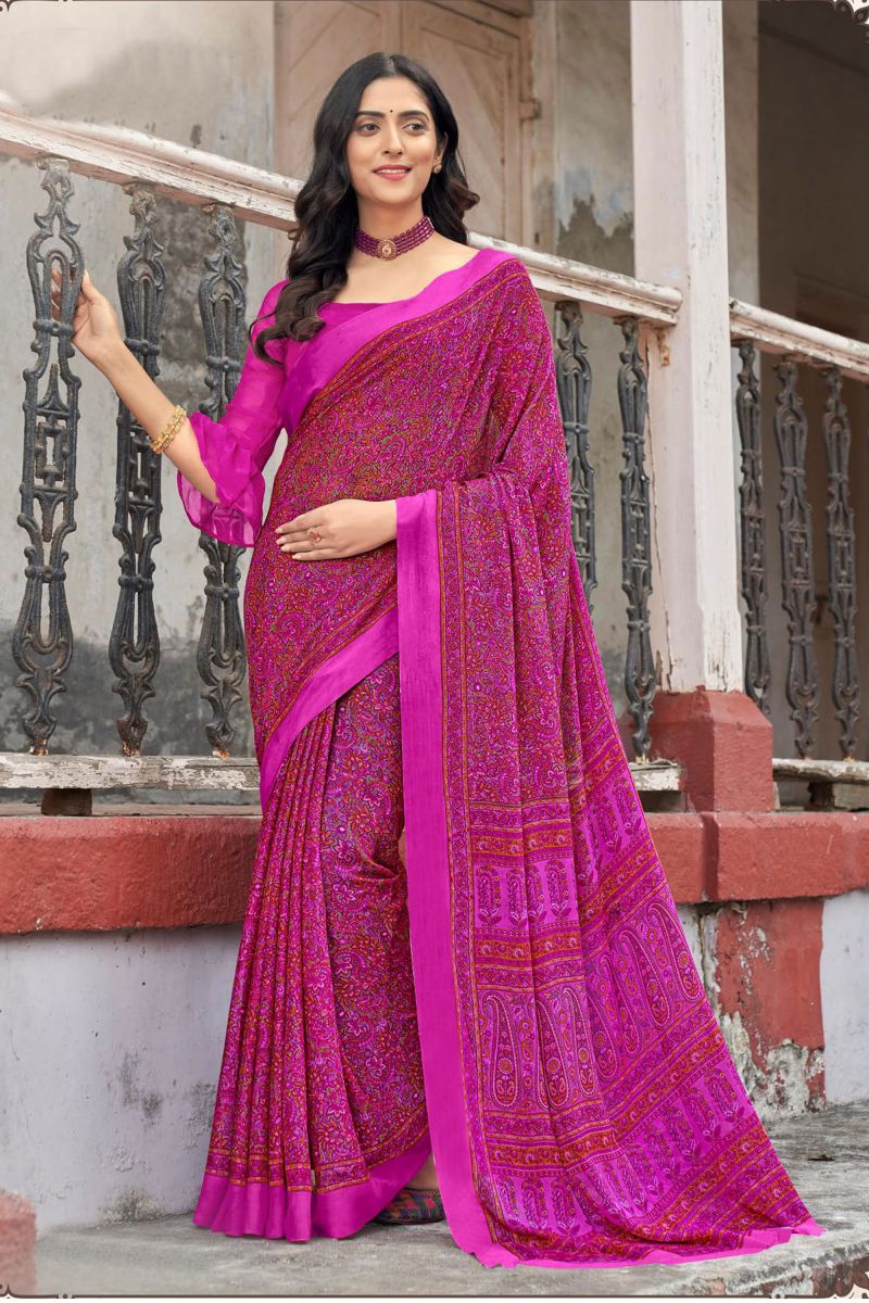 Chiffon Fabric Pink Color Casual Abstract Printed Saree