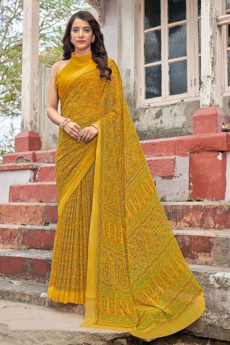 Yellow Color Chiffon Fabric Casual Abstract Printed Saree