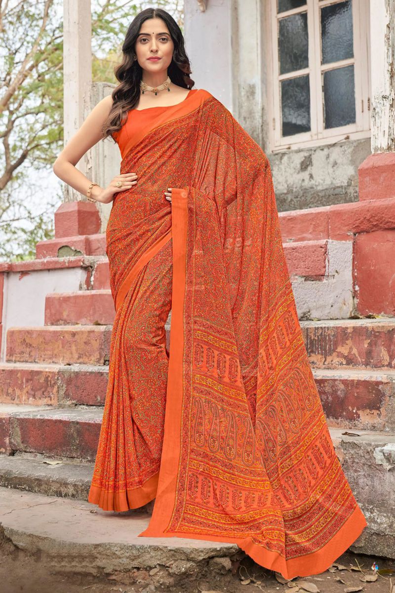 Orange Color Chiffon Fabric Casual Abstract Printed Saree