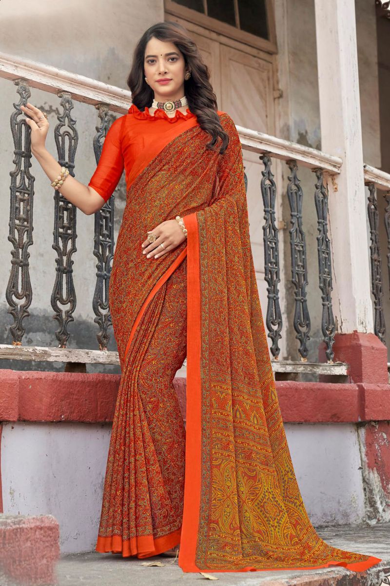 Casual Orange Color Abstract Printed Saree In Chiffon Fabric