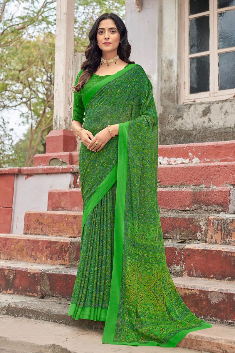 Green Color Chiffon Fabric Casual Abstract Printed Saree