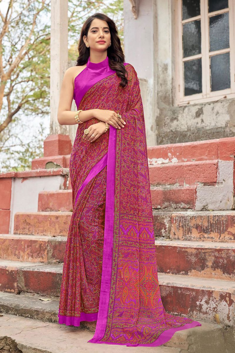 Pink Color Chiffon Fabric Abstract Printed Casual Simple Saree