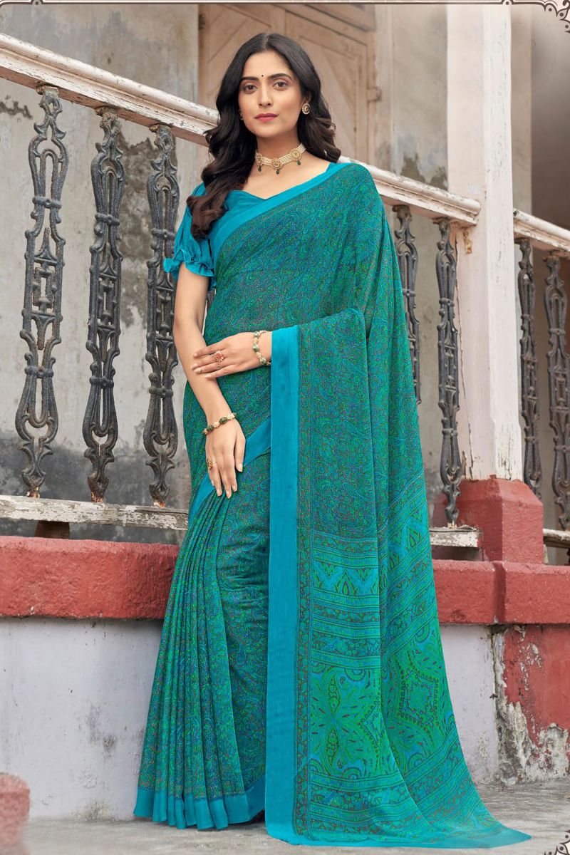 Chiffon Fabric Blue Color Casual Abstract Printed Saree