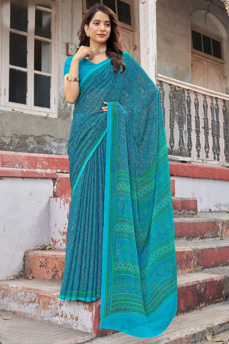 Blue Color Casual Look Abstract Printed Saree In Chiffon Fabric