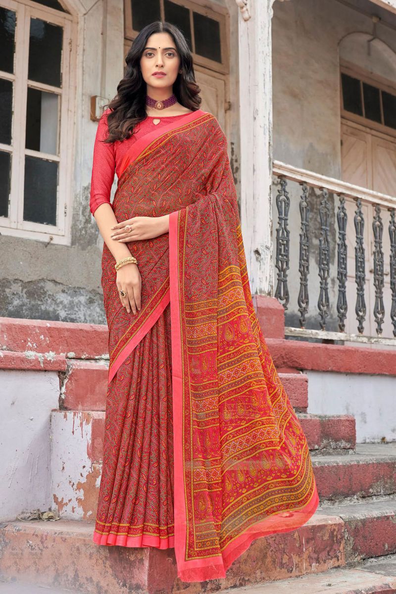 Red Color Casual Abstract Printed Saree In Chiffon Fabric