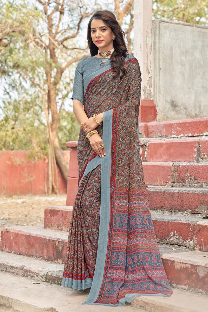 Grey Color Casual Abstract Printed Saree In Chiffon Fabric