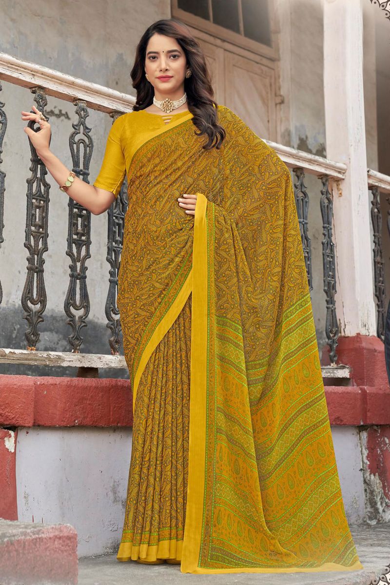 Casual Abstract Printed Yellow Color Chiffon Fabric Saree