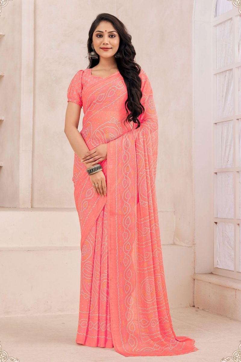 Casual Wear Peach Color Chiffon Printed Saree