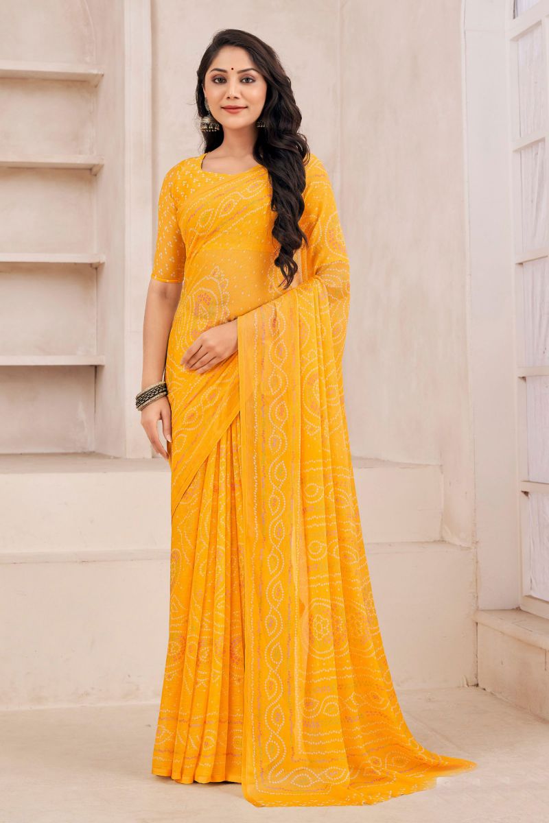 Casual Wear Chiffon Printed Saree In Yellow Color