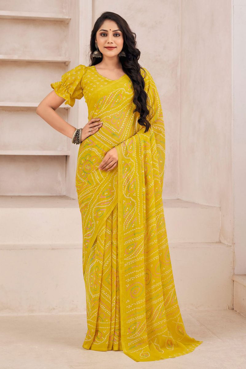 Casual Wear Chiffon Fabric Printed Saree In Mustard Color