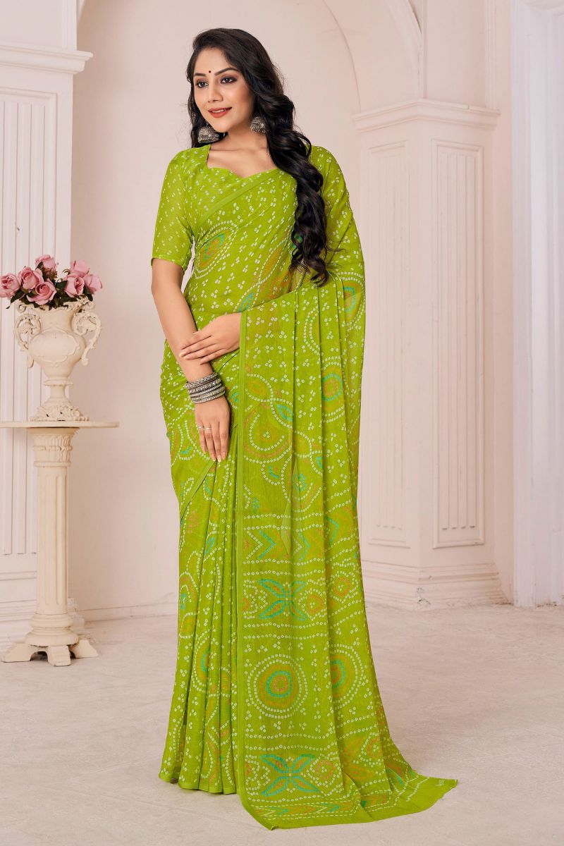 Casual Wear Chiffon Fabric Printed Saree In Olive Color