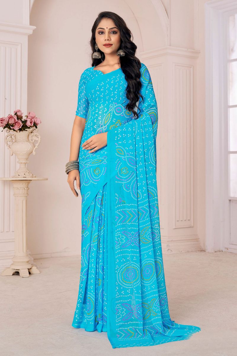 Casual Wear Sky Blue Color Chiffon Printed Saree