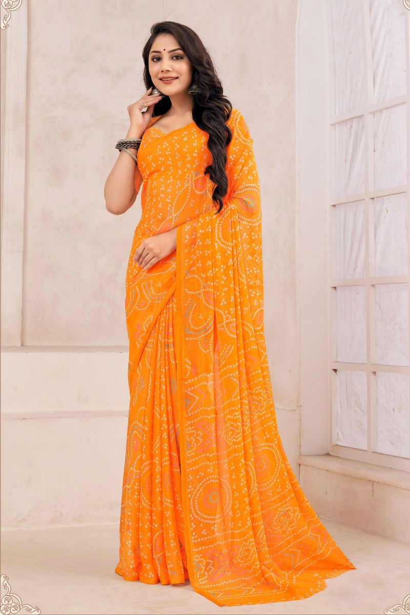 Casual Wear Chiffon Printed Saree In Orange Color