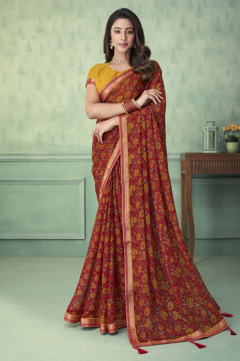 Printed Maroon Color Chiffon Fabric Daily Wear Saree