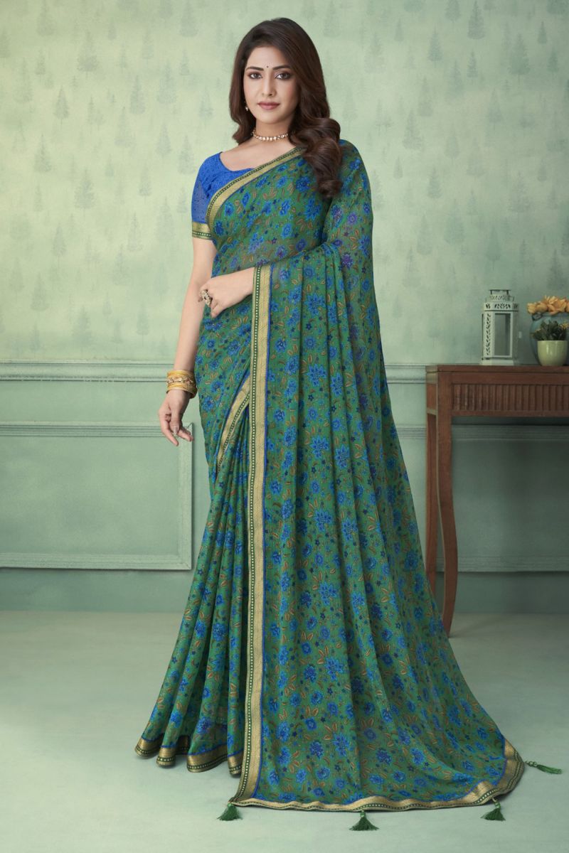 Sea Green Color Chiffon Fabric Daily Wear Printed Saree