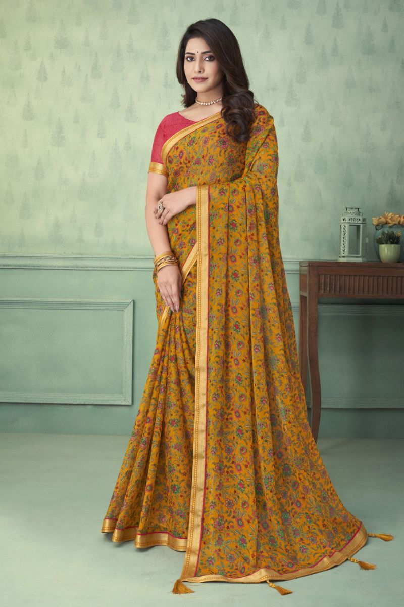 Mustard Color Chiffon Fabric Printed Casual Wear Saree