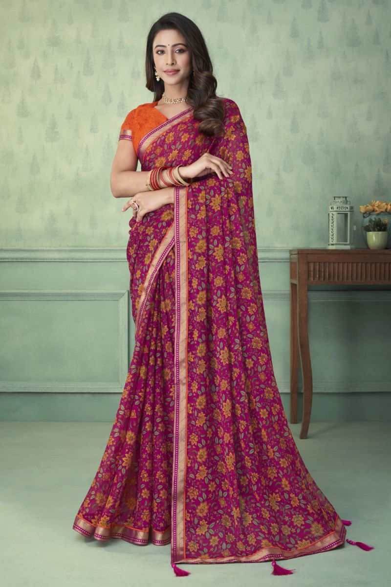 Magenta Color Chiffon Fabric Printed Casual Wear Saree