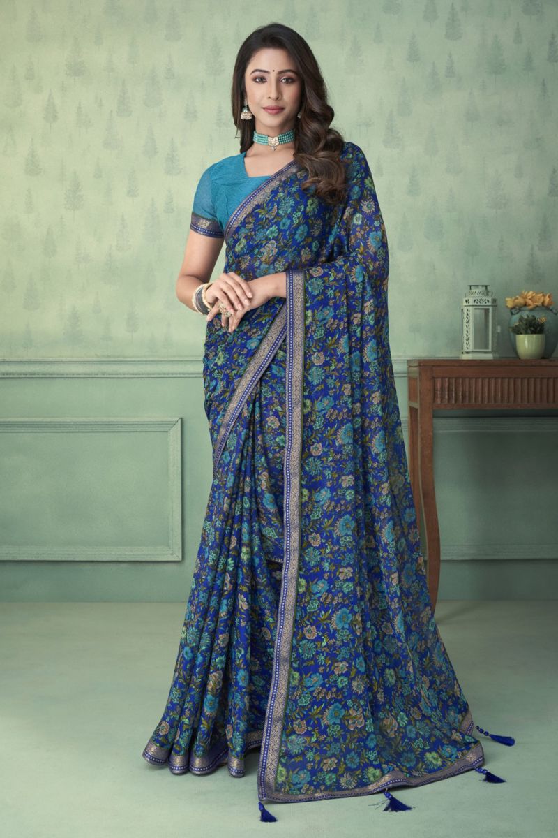 Chiffon Fabric Navy Blue Color Printed Daily Wear Saree