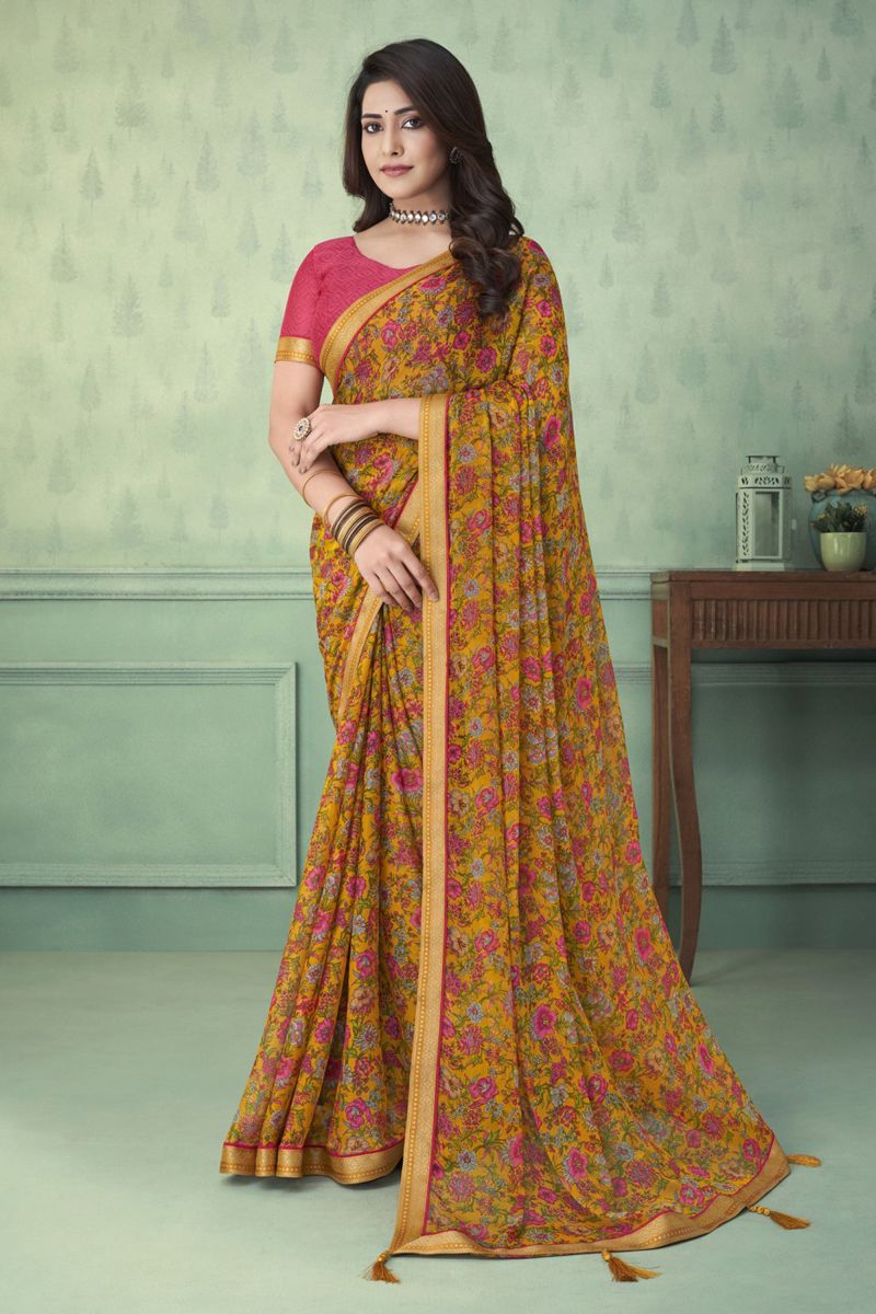 Mustard Color Printed Chiffon Fabric Daily Wear Saree