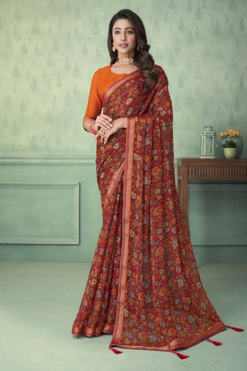 Printed Chiffon Fabric Daily Wear Red Color Saree