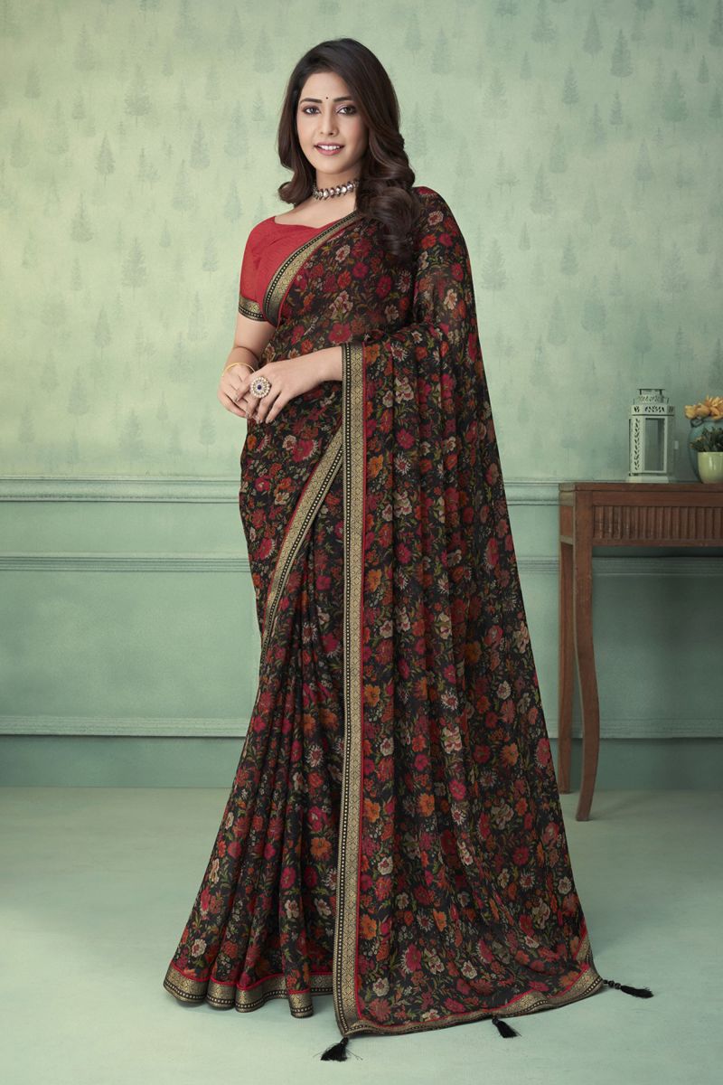 Chiffon Fabric Casual Wear Black Color Printed Saree