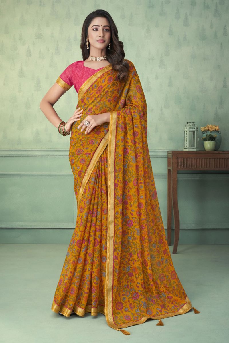 Mustard Color Daily Wear Printed Saree In Chiffon Fabric