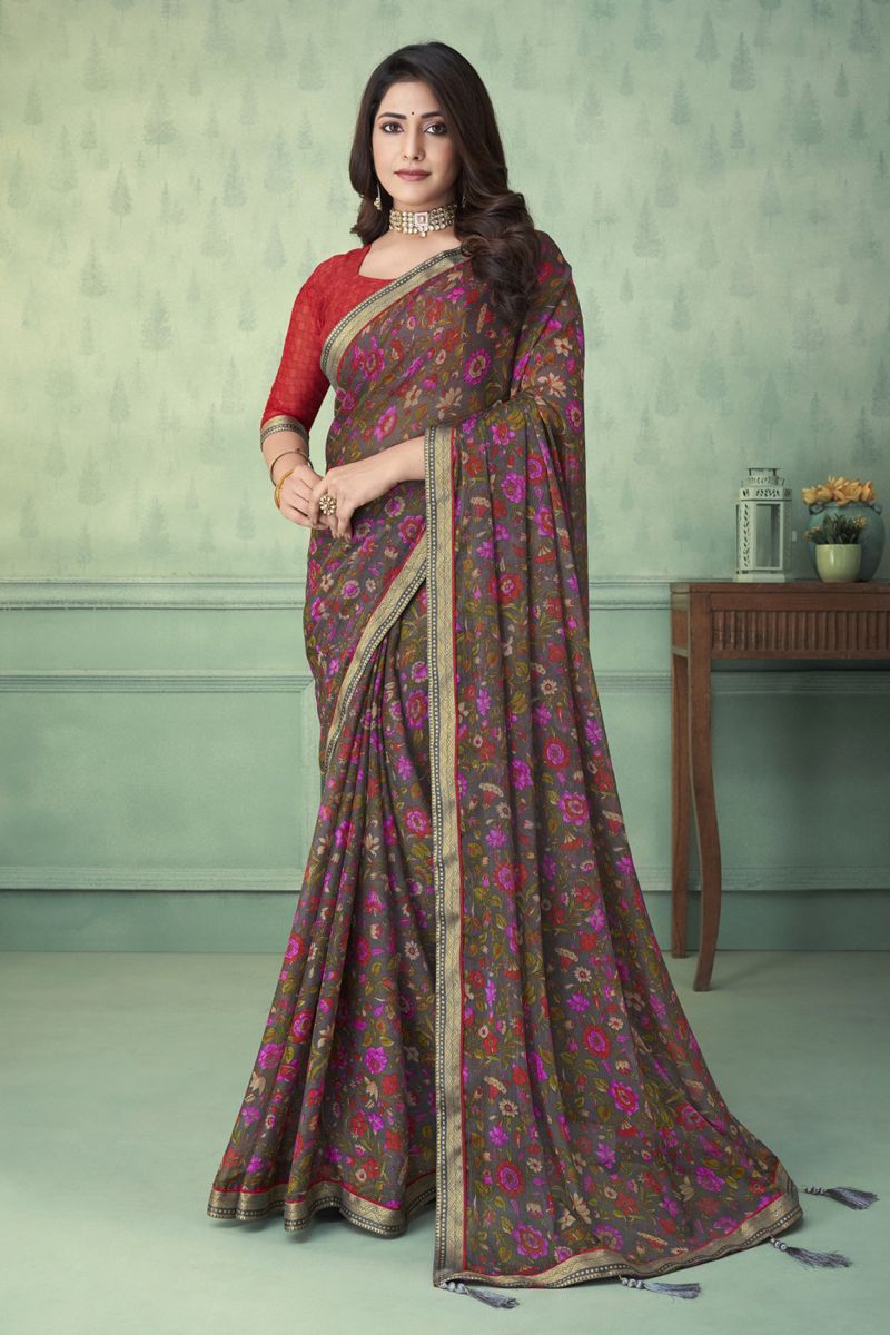 Grey Color Chiffon Fabric Printed Daily Wear Saree