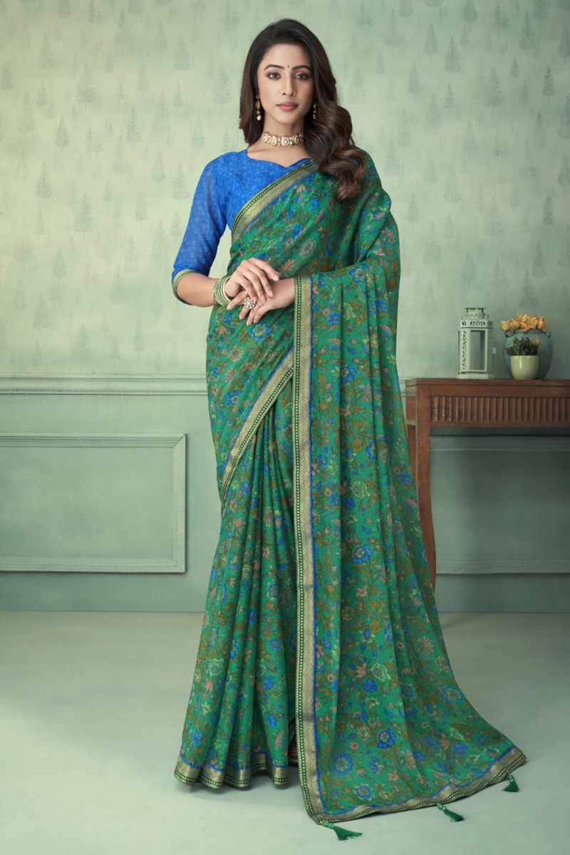 Chiffon Fabric Printed Sea Green Color Daily Wear Saree