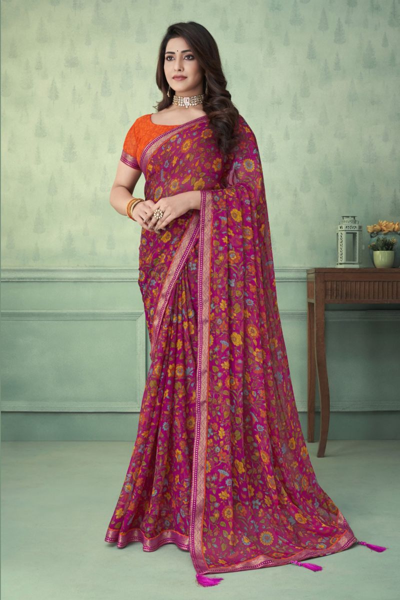 Magenta Color Chiffon Fabric Fancy Printed Daily Wear Saree