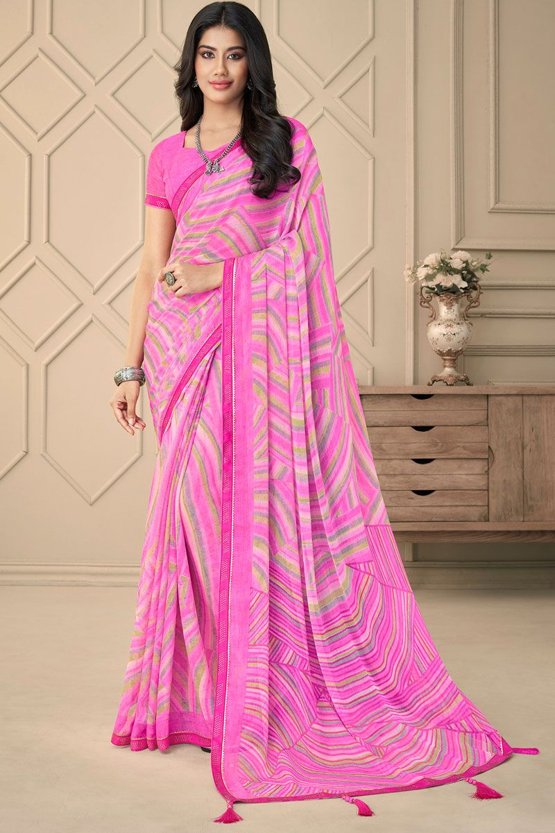 Chiffon Pink Color Casual Look Printed Saree