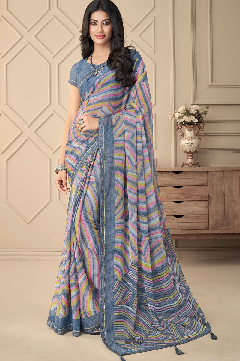 Grey Color Chiffon Casual Look Printed Saree