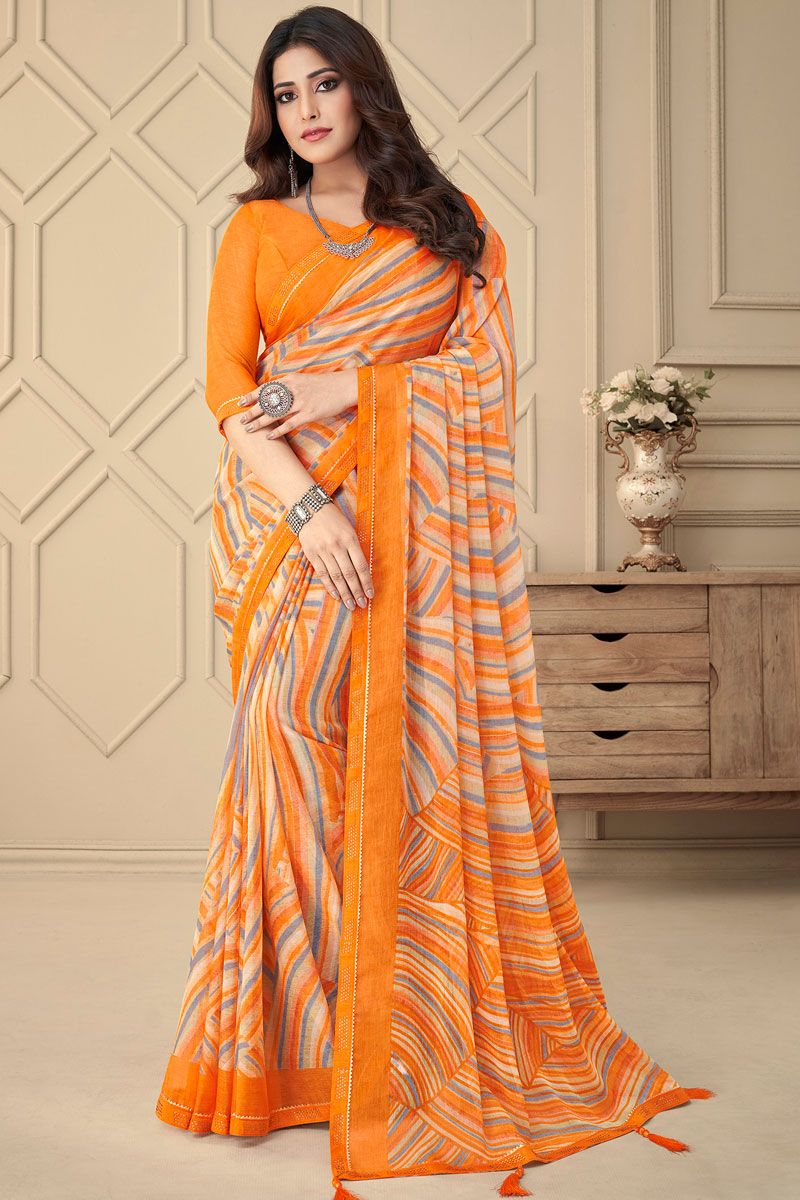 Chiffon Orange Color Casual Look Printed Saree