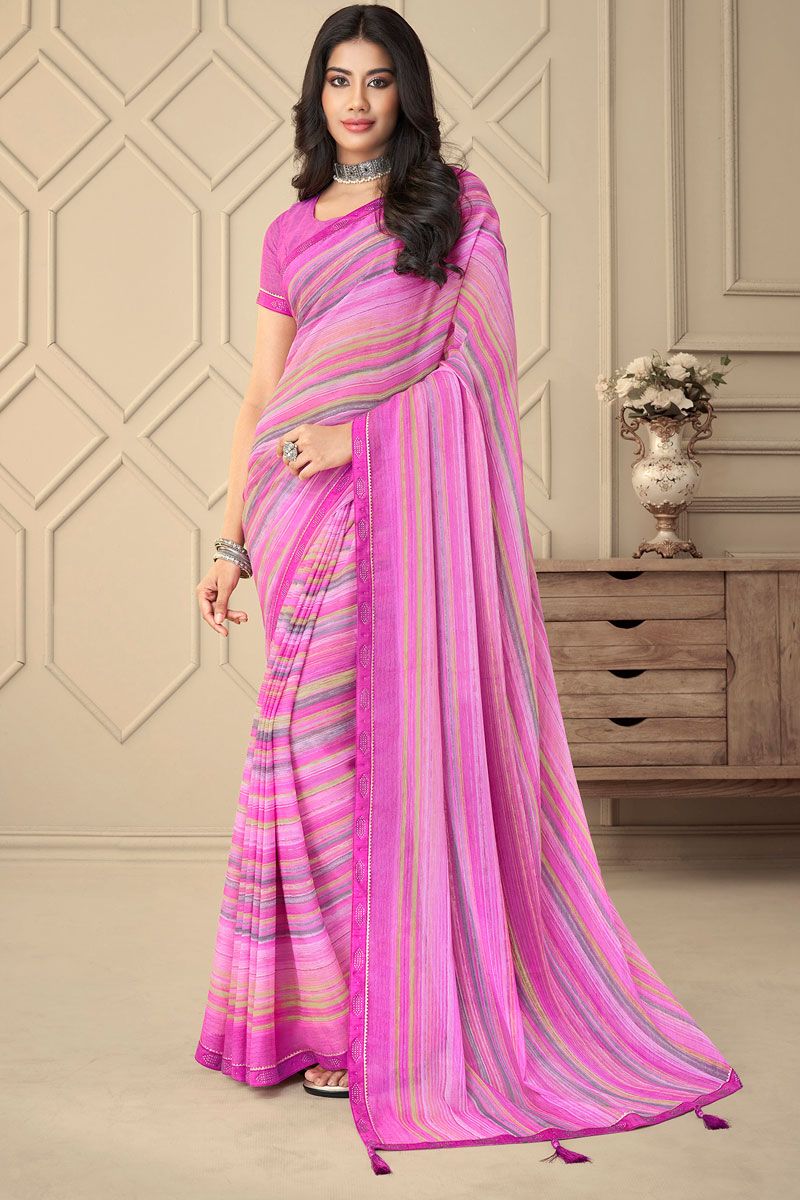 Pink Color Chiffon Casual Look Printed Saree