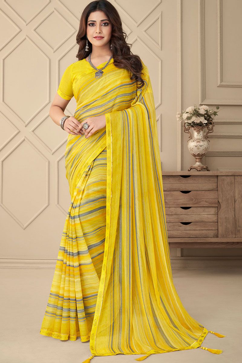 Yellow Color Sober Casual Printed Saree In Chiffon Fabric