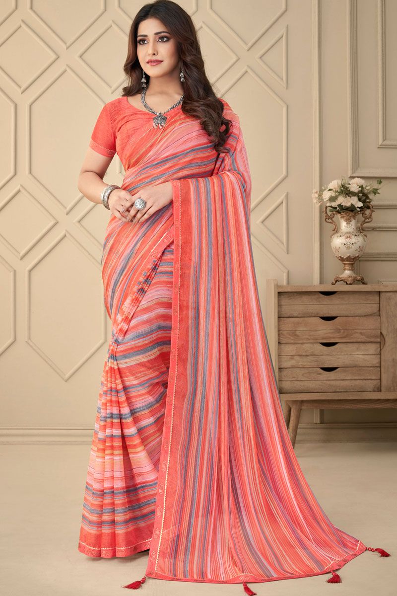 Peach Color Chiffon Casual Look Printed Saree